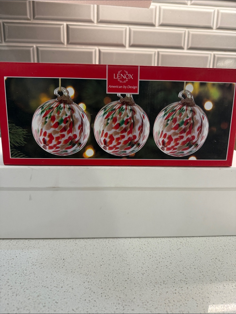 Lenox Red, Green & White Confetti Glass Christmas Ornaments - Set of 3